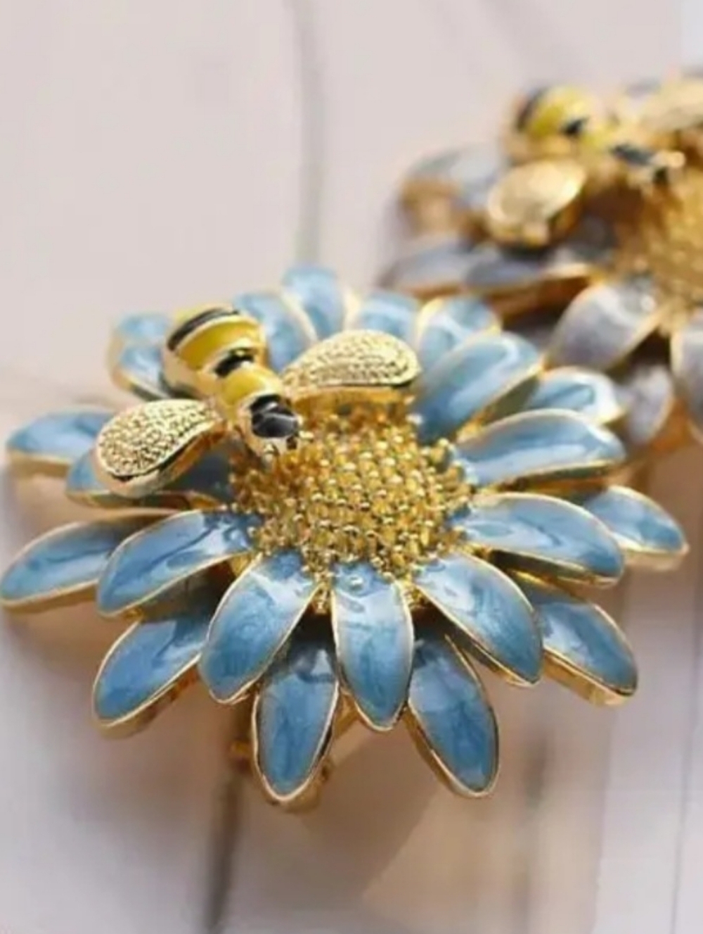 Blue Enamel Flower Brooch with Bee Accent - Picture 2 of 2